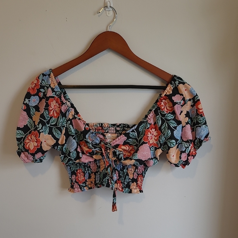 Boho Pink and Blue Puff Sleeve Ruched Crop Top